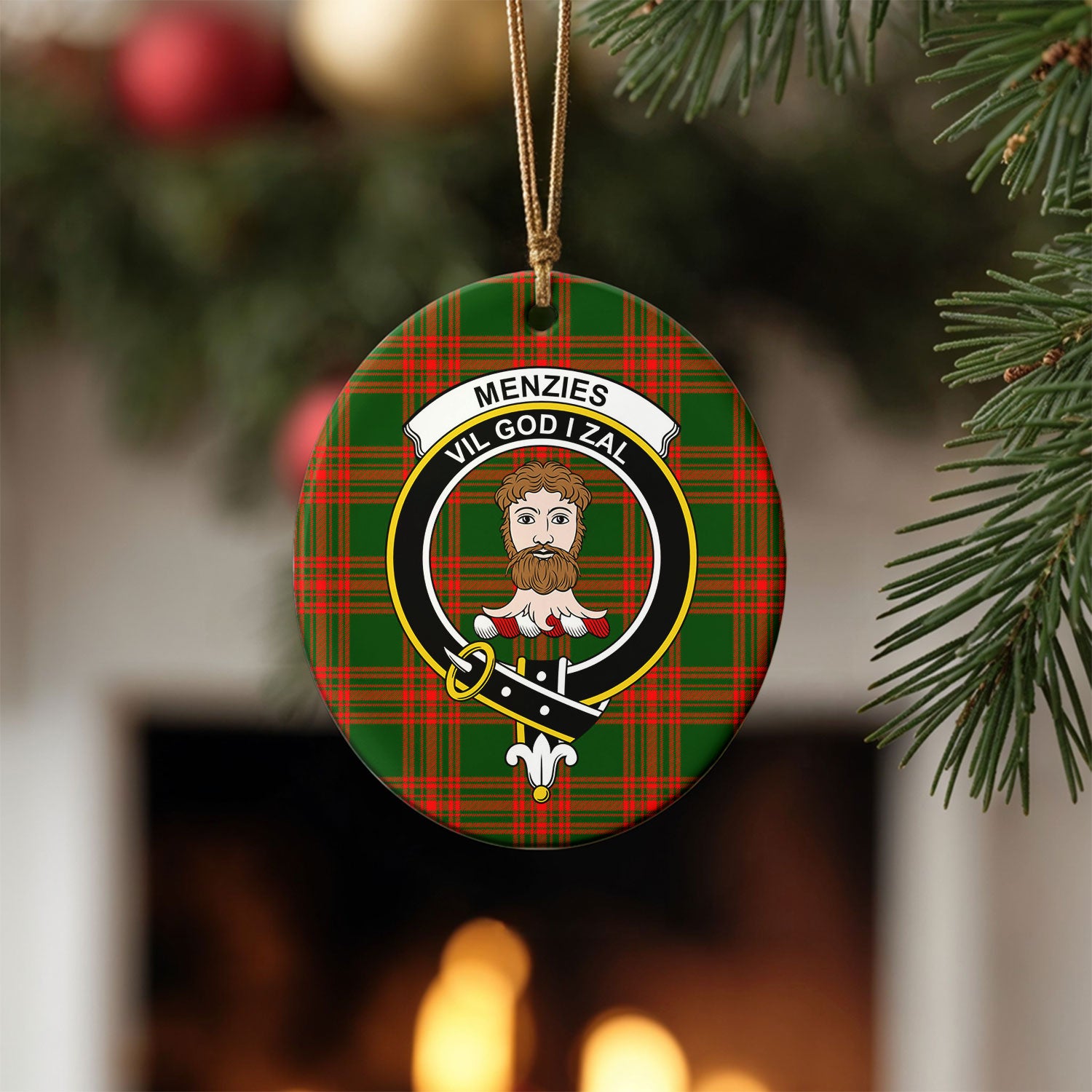 Menzies Green Modern Tartan Crest Christmas Ceramic Ornament