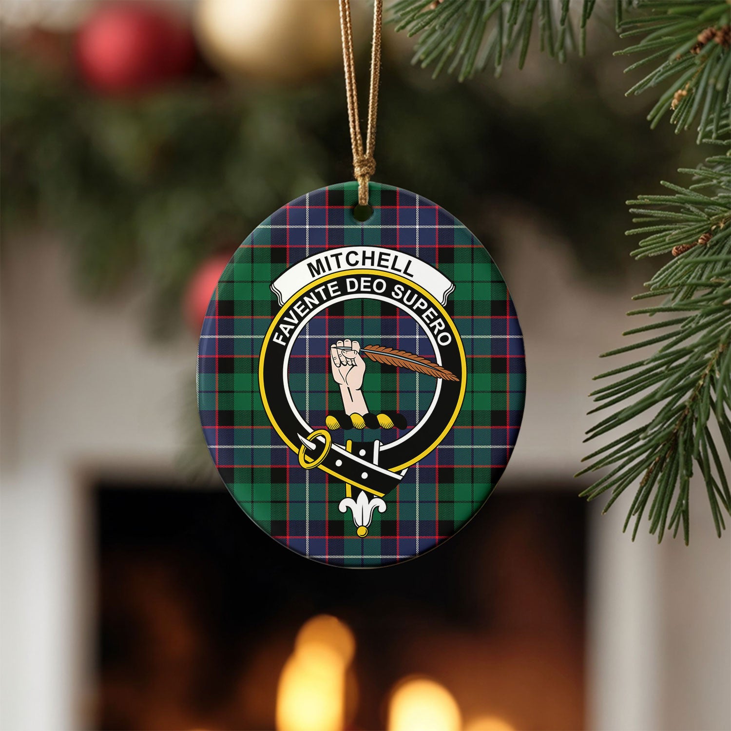 Mitchell Modern Tartan Crest Christmas Ceramic Ornament