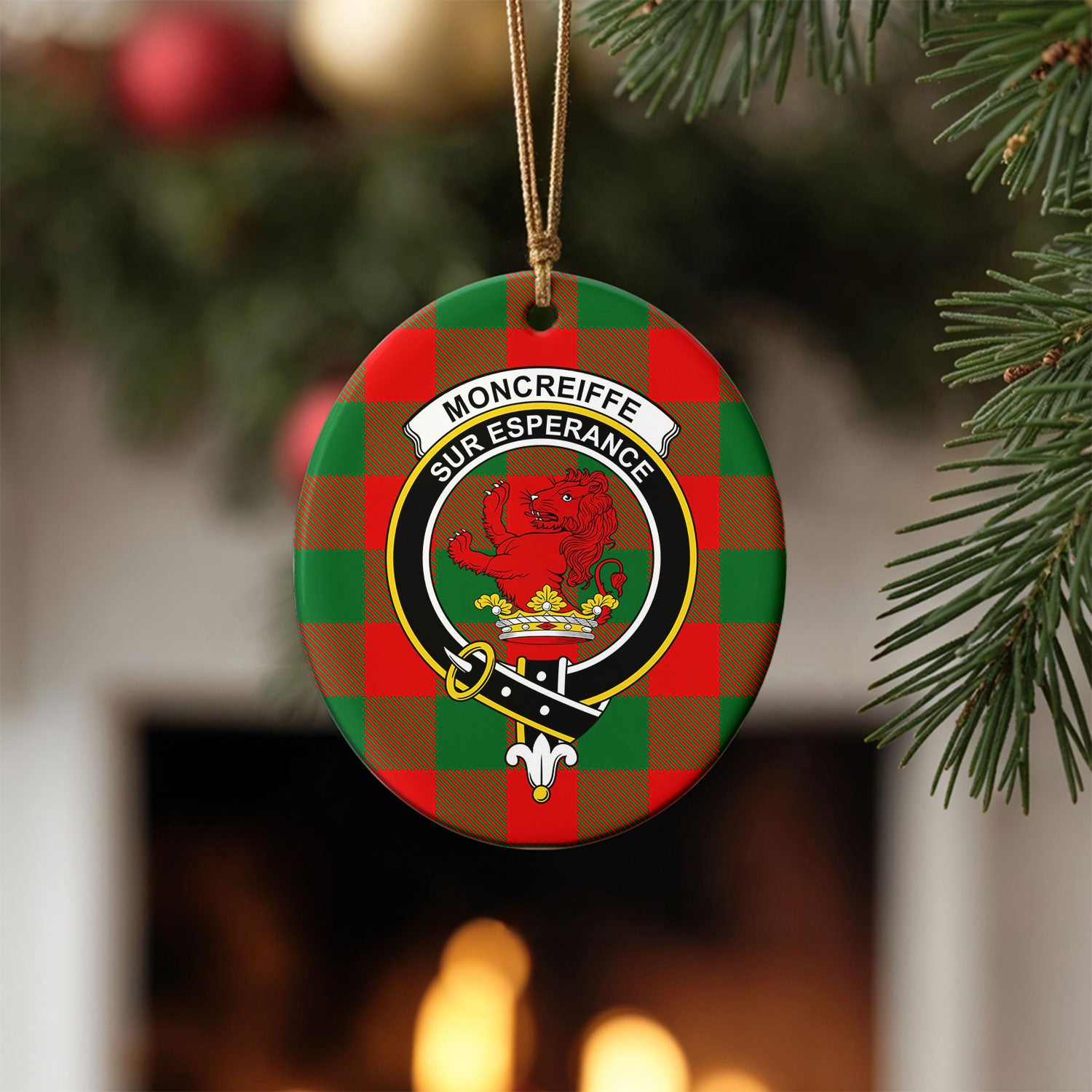Moncreiffe (or Moncreiff) Tartan Crest Christmas Ceramic Ornament