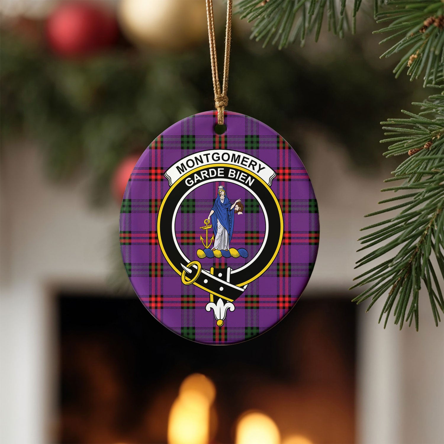 Montgomery Modern Tartan Crest Christmas Ceramic Ornament