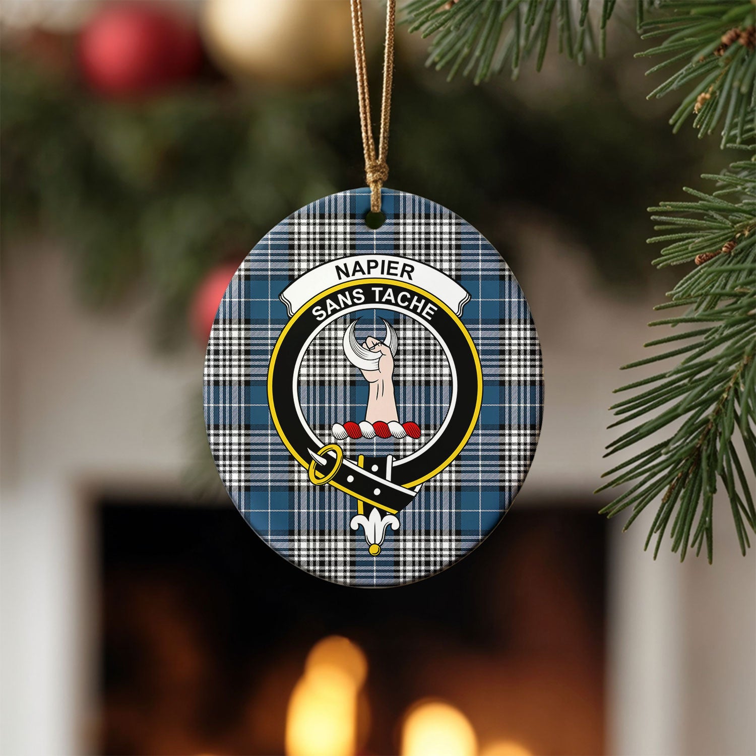 Napier Modern Tartan Crest Christmas Ceramic Ornament