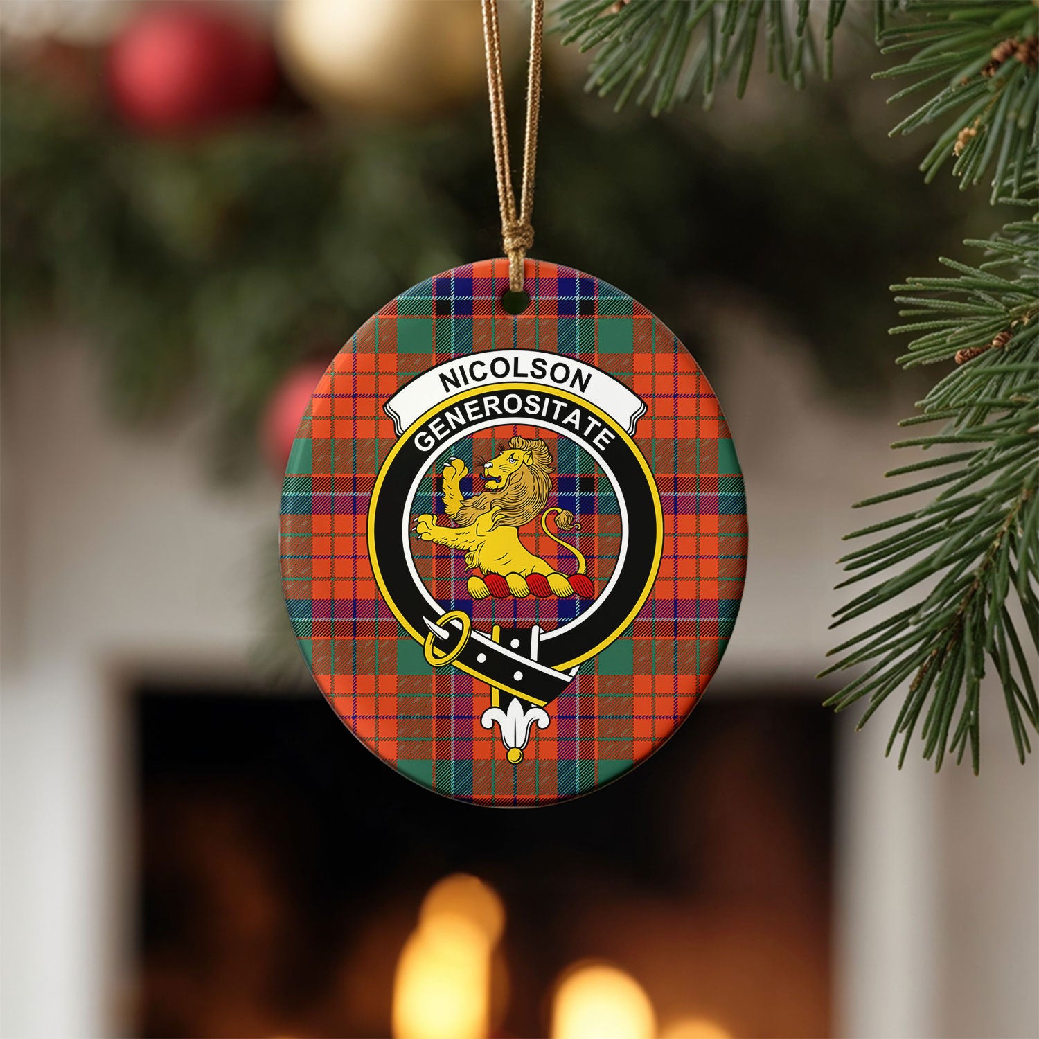 Nicolson Ancient Old Tartan Crest Christmas Ceramic Ornament