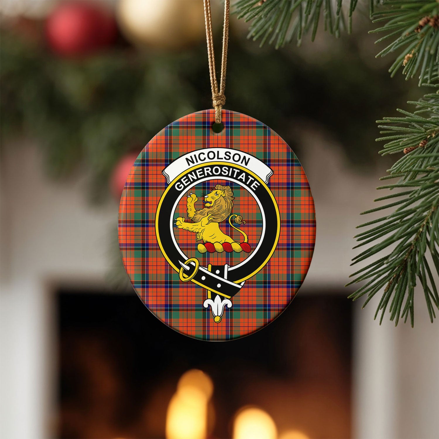 Nicolson Ancient Tartan Crest Christmas Ceramic Ornament