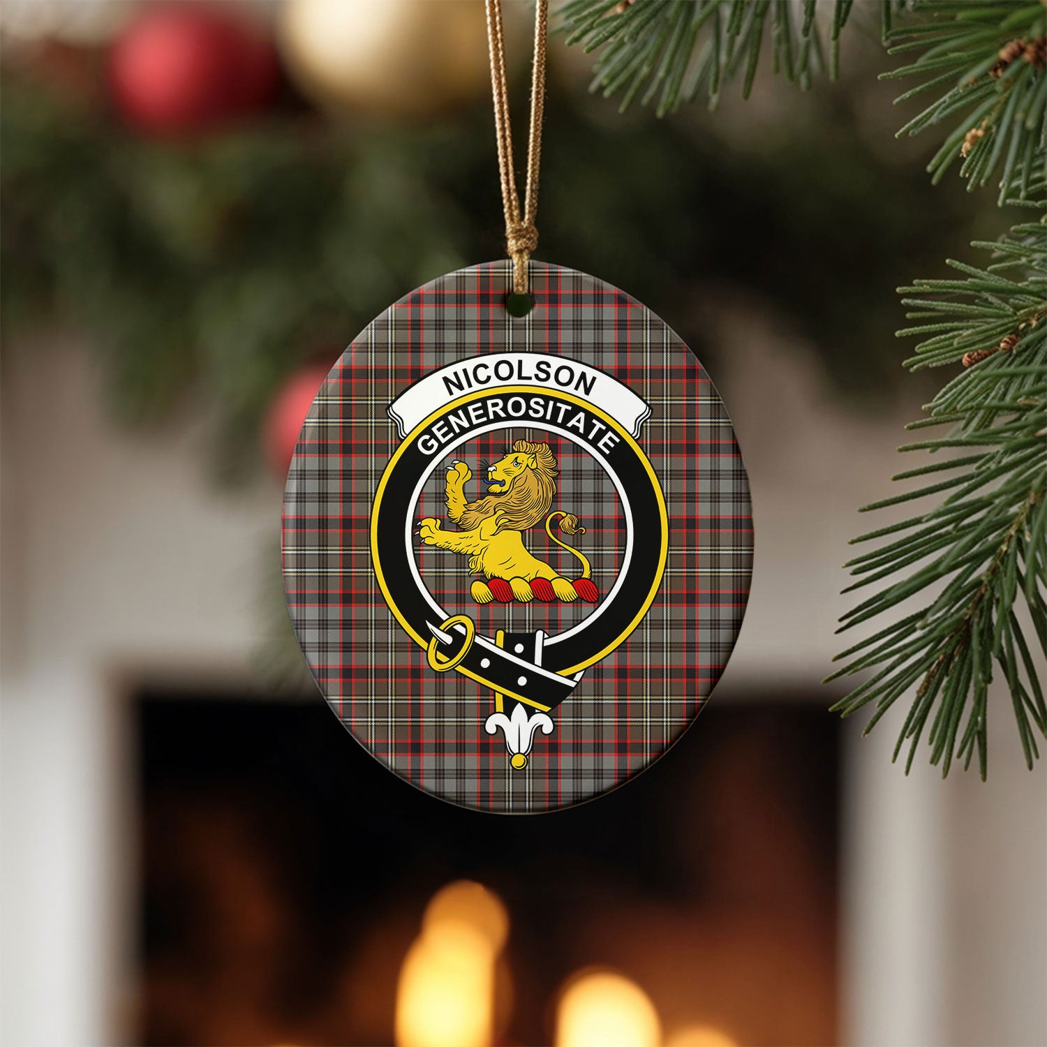 Nicolson Hunting Weathered Tartan Crest Christmas Ceramic Ornament