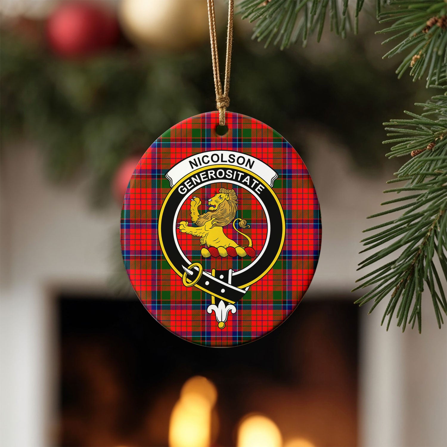 Nicolson Modern Tartan Crest Christmas Ceramic Ornament