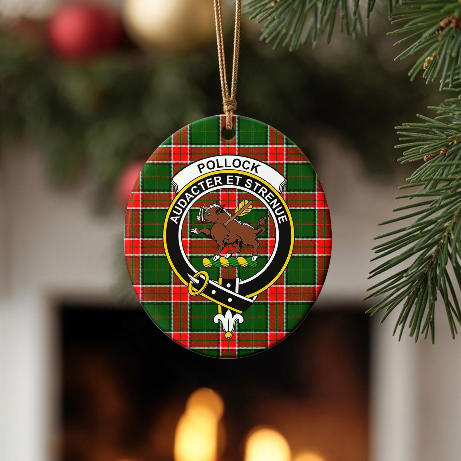 Pollock Tartan Crest Christmas Ceramic Ornament