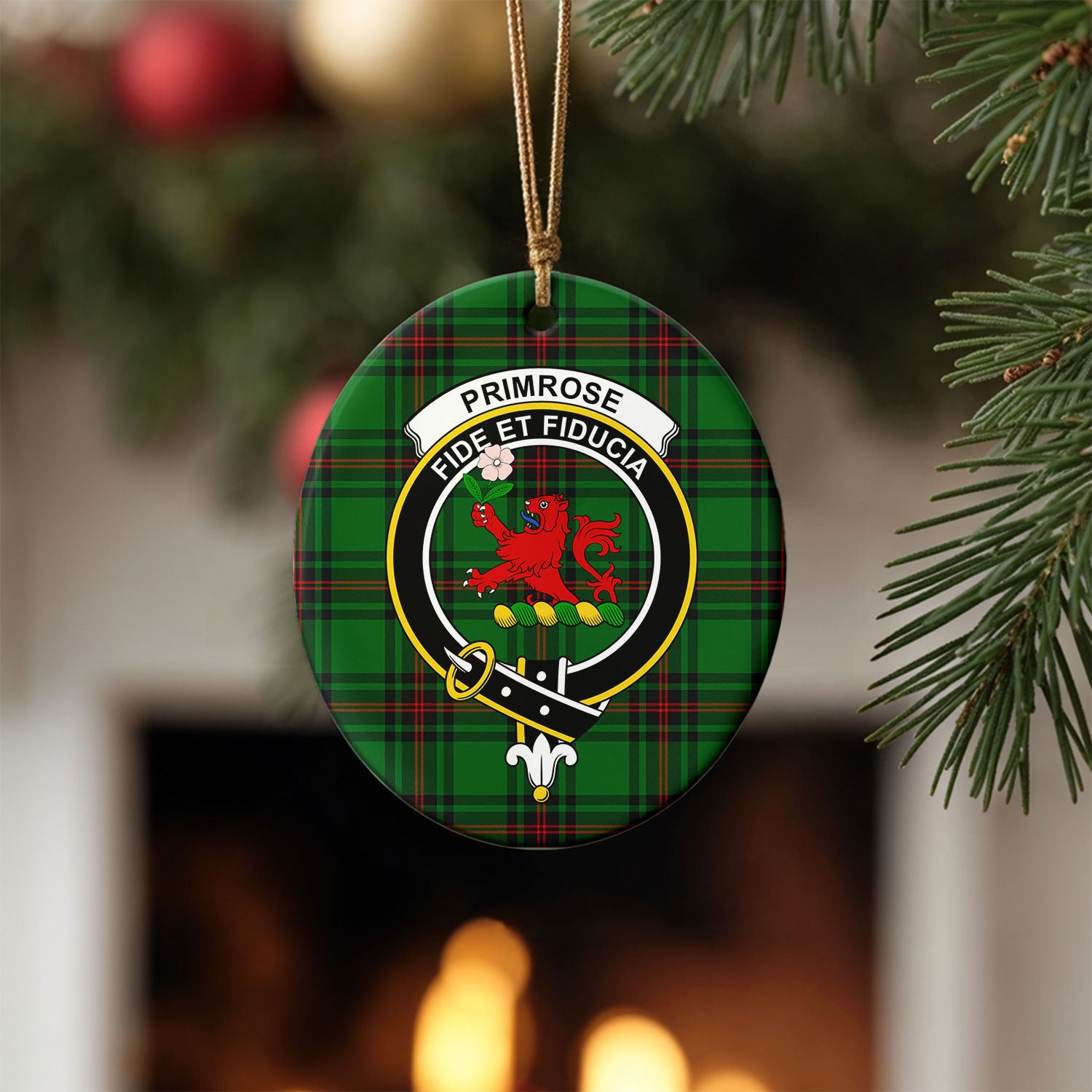 Primrose Tartan Crest Christmas Ceramic Ornament