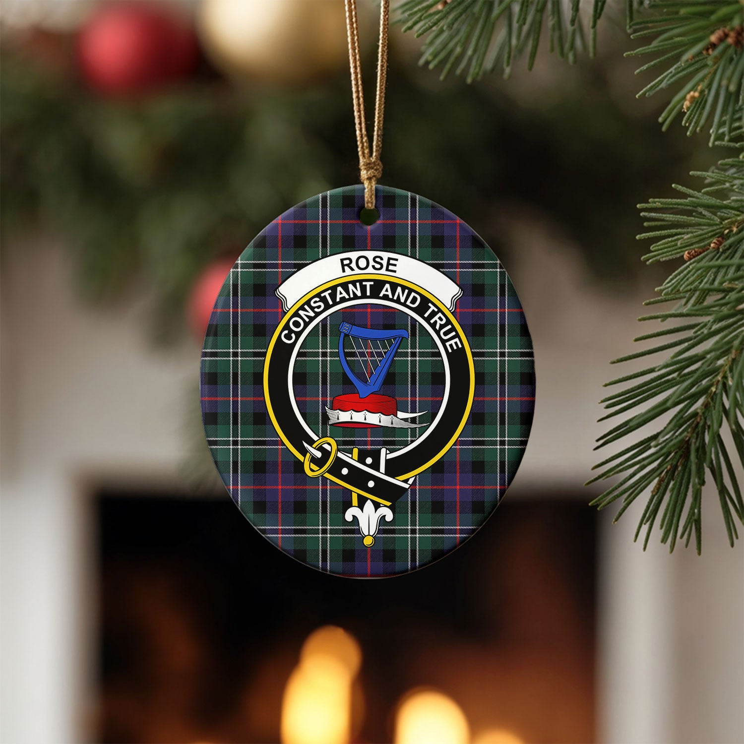 Rose Hunting Modern Tartan Crest Christmas Ceramic Ornament