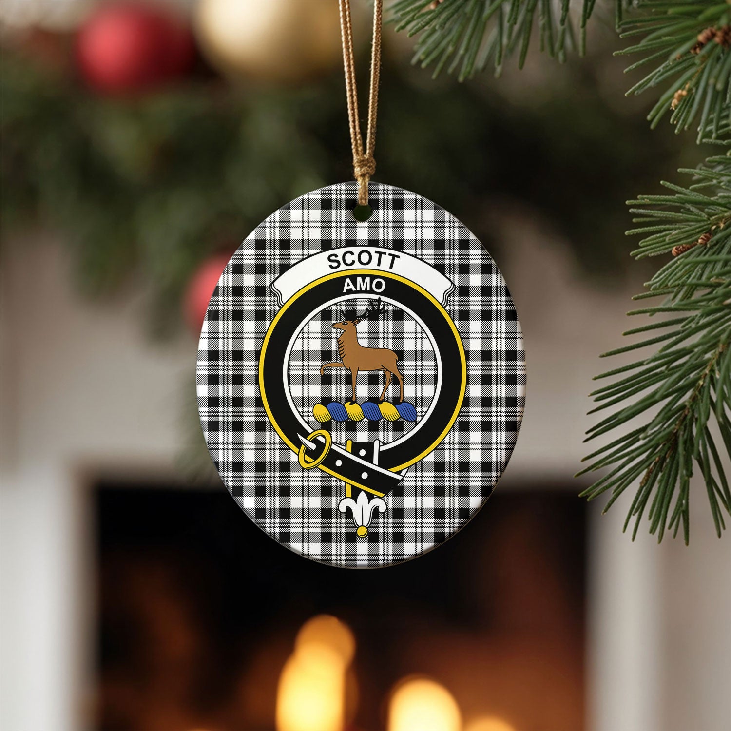 Scott Black & White Modern Tartan Crest Christmas Ceramic Ornament