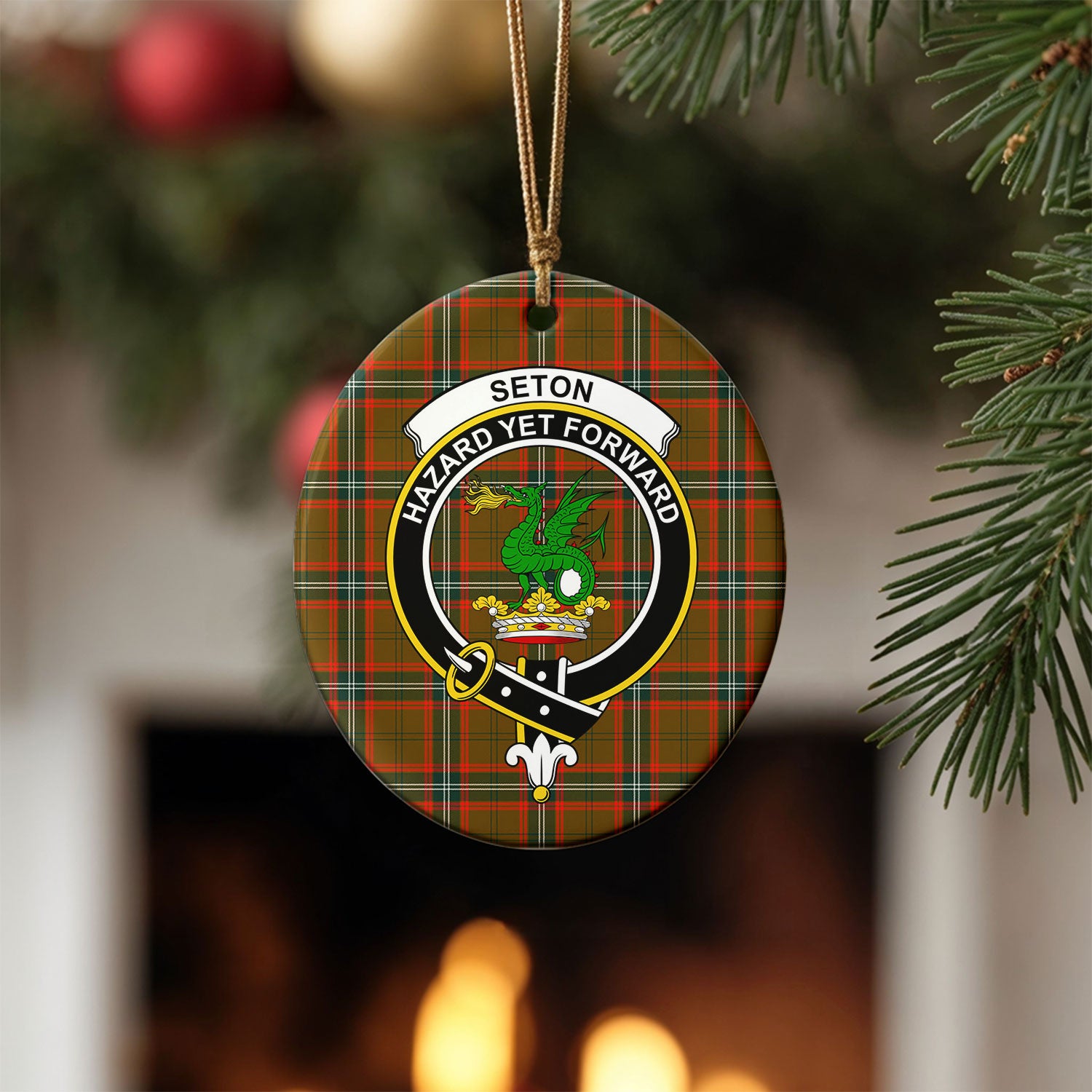 Seton Hunting Modern Tartan Crest Christmas Ceramic Ornament