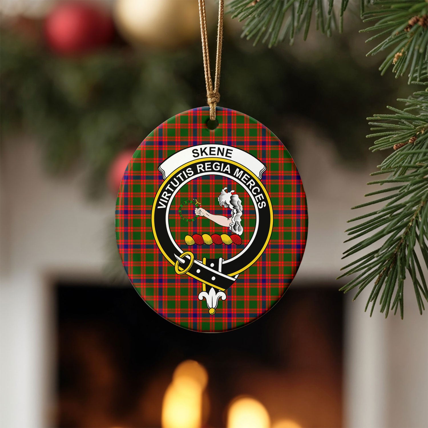 Skene Modern Tartan Crest Christmas Ceramic Ornament