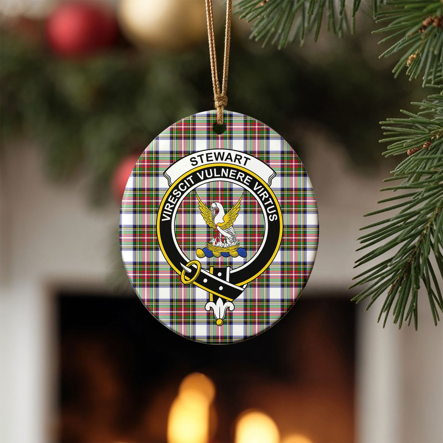 Stewart Dress Modern Tartan Crest Christmas Ceramic Ornament