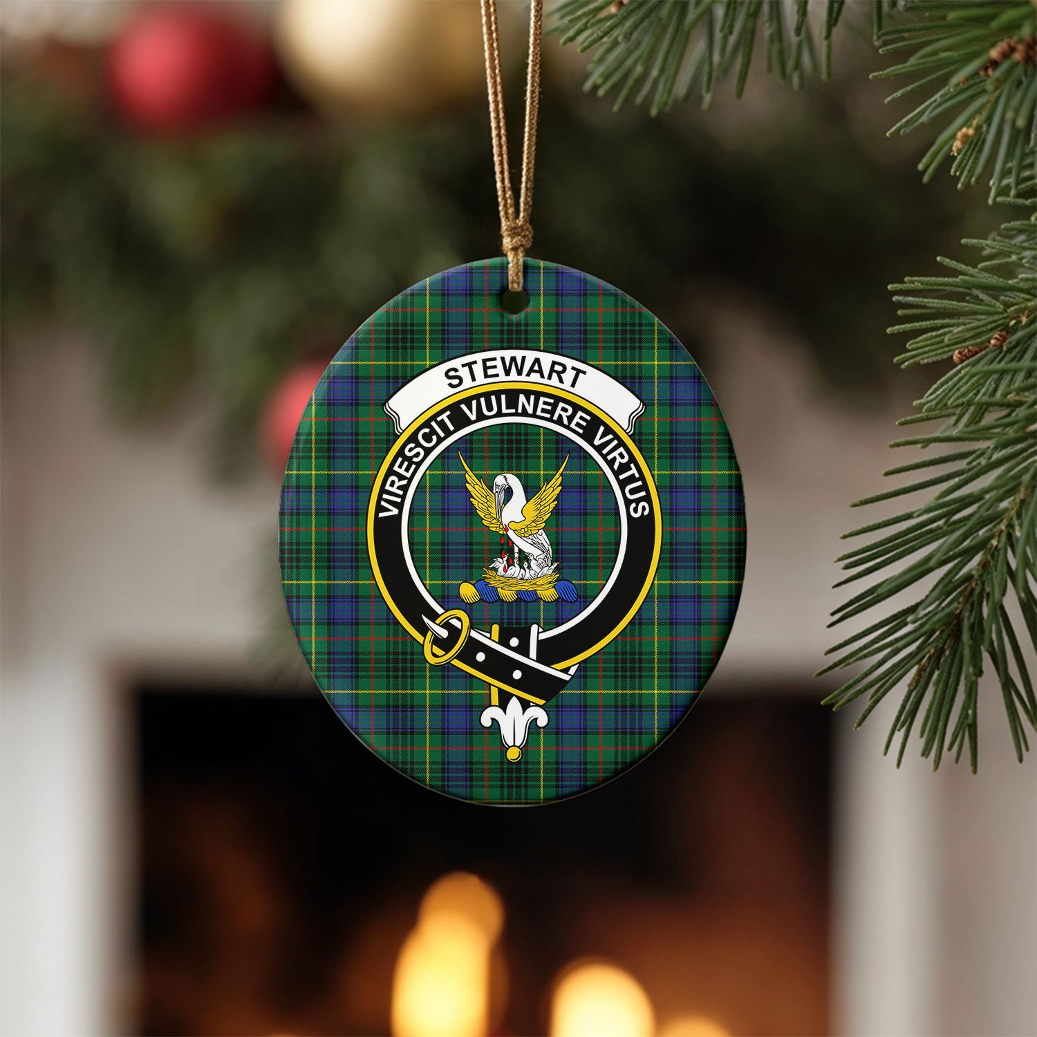 Stewart Hunting Modern Tartan Crest Christmas Ceramic Ornament