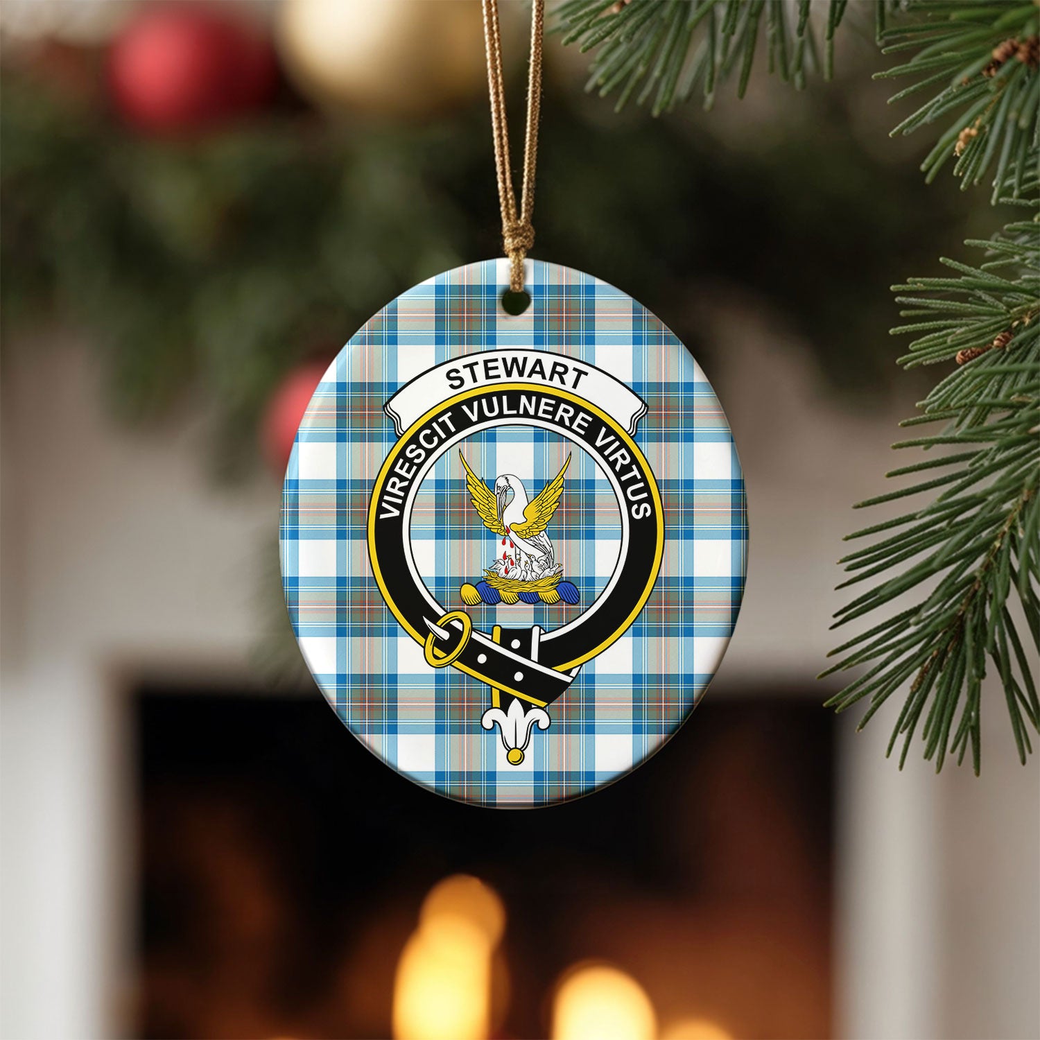Stewart Muted Blue Tartan Crest Christmas Ceramic Ornament