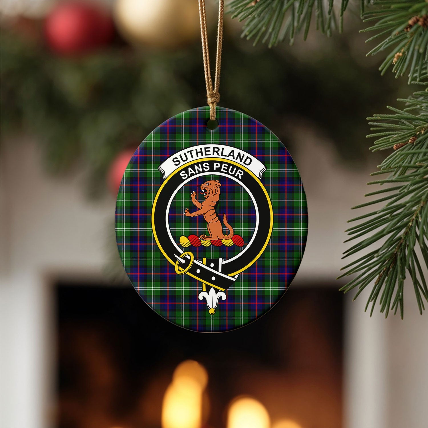 Sutherland Modern Tartan Crest Christmas Ceramic Ornament