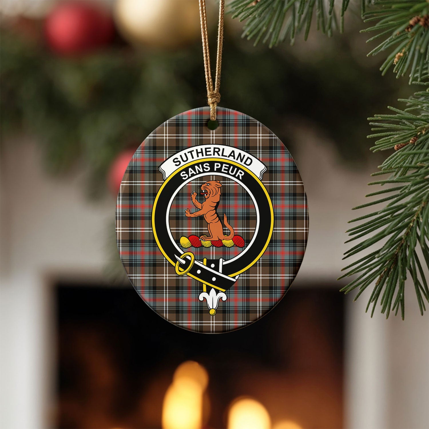 Sutherland Weathered Tartan Crest Christmas Ceramic Ornament