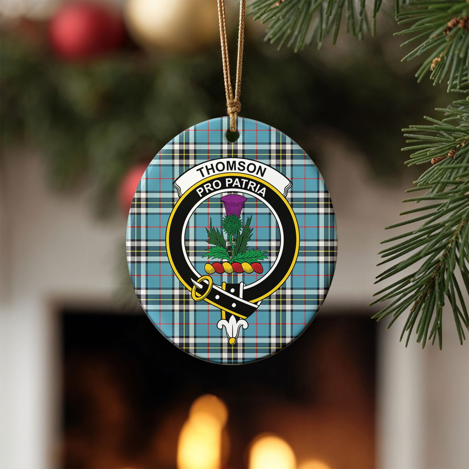 Thomson Blue Tartan Crest Christmas Ceramic Ornament