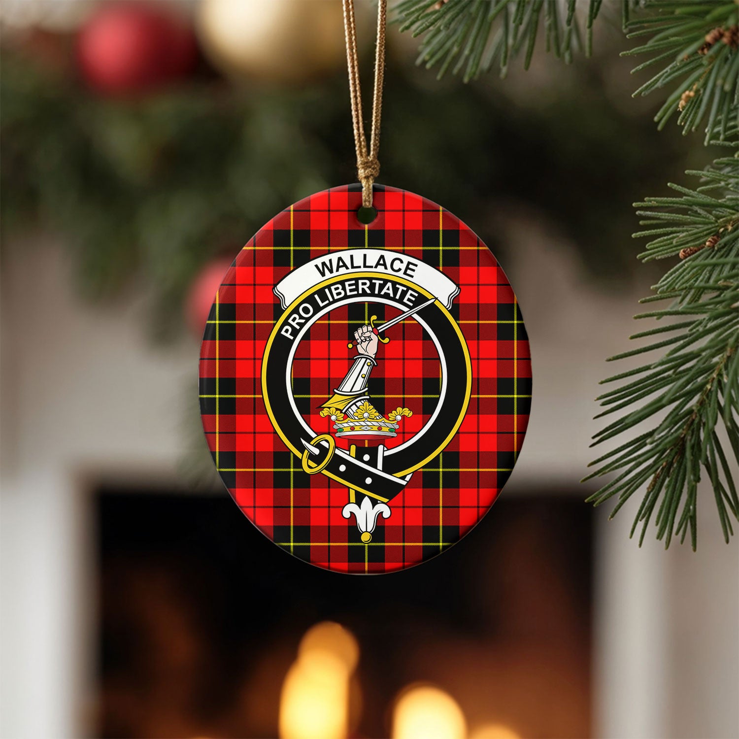 Wallace Hunting Red Tartan Crest Christmas Ceramic Ornament