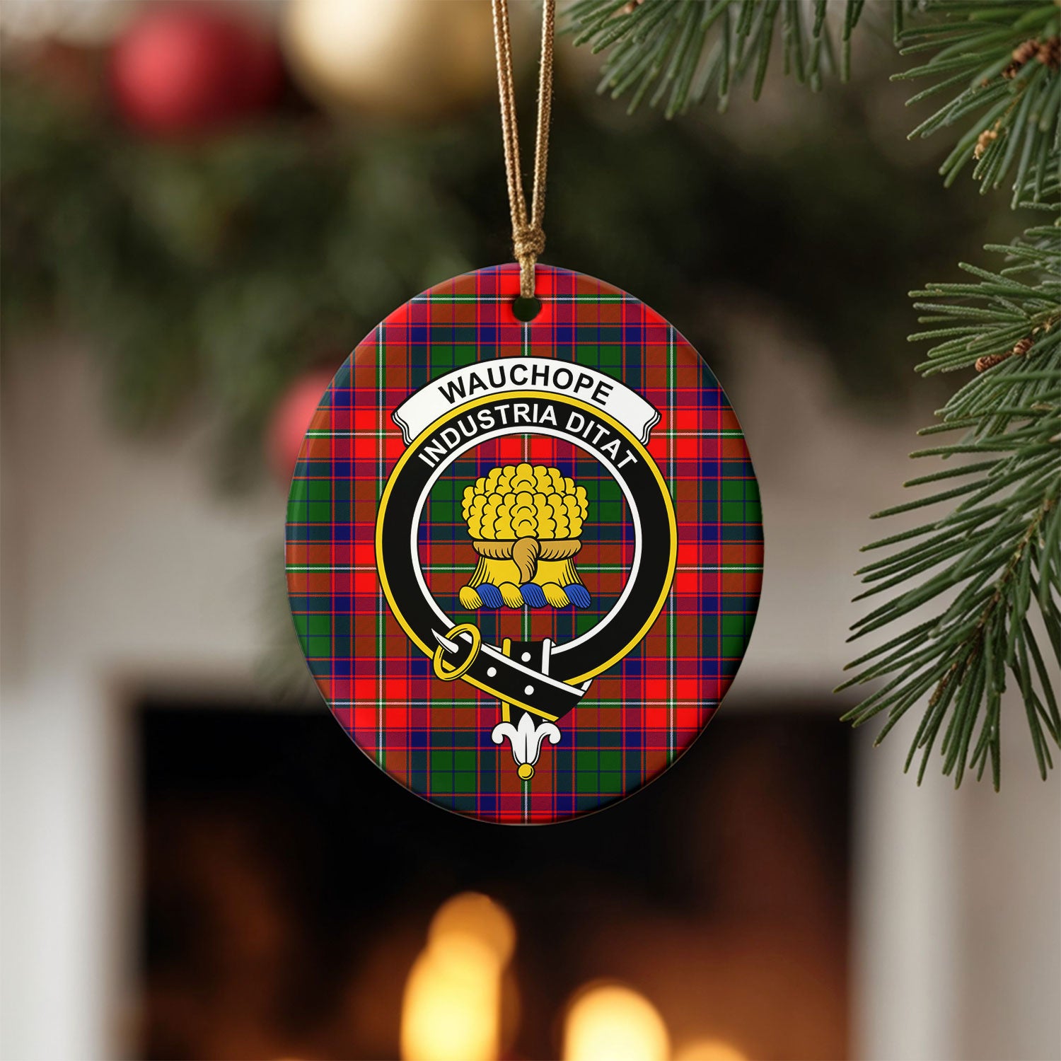 Wauchope (or Waugh) Tartan Crest Christmas Ceramic Ornament