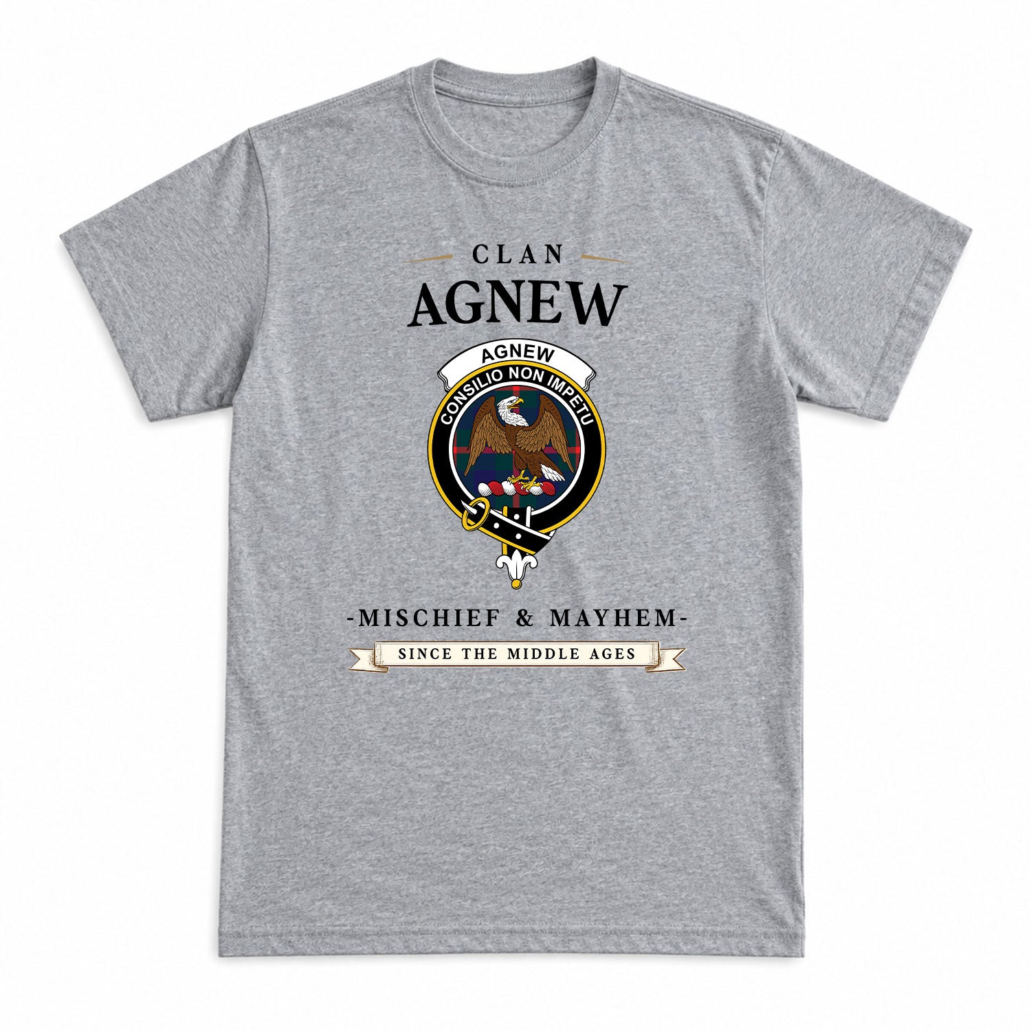 Agnew Modern Tartan Crest Mischief and Mayhem T-shirt