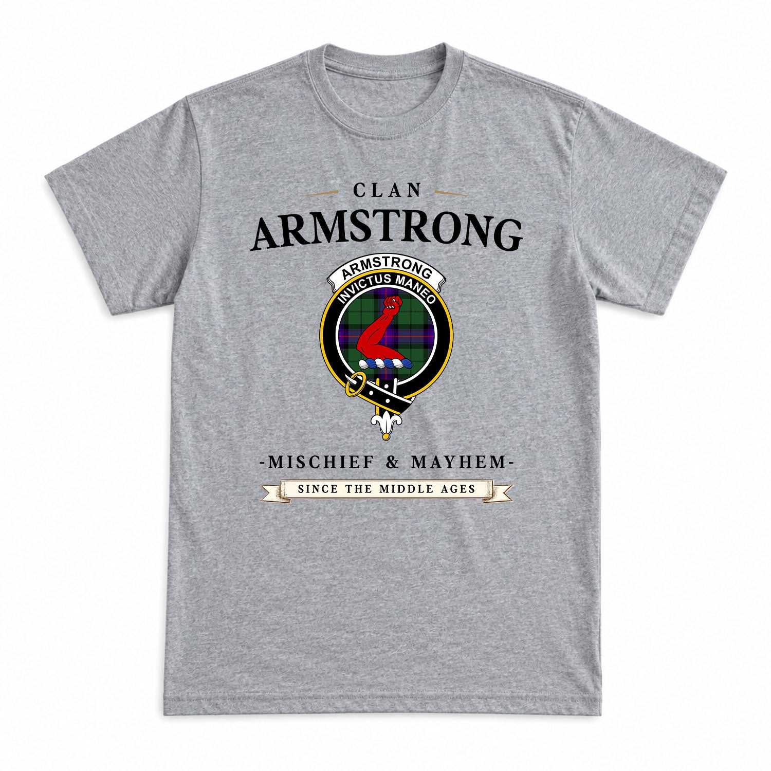 Armstrong Modern Tartan Crest Mischief and Mayhem T-shirt