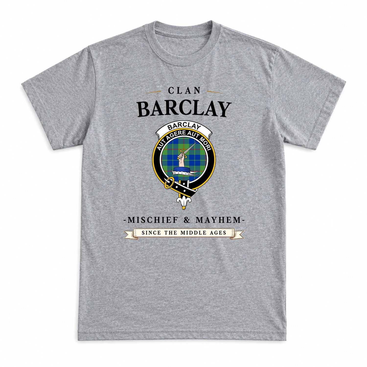 Barclay Hunting Ancient Tartan Crest Mischief and Mayhem T-shirt