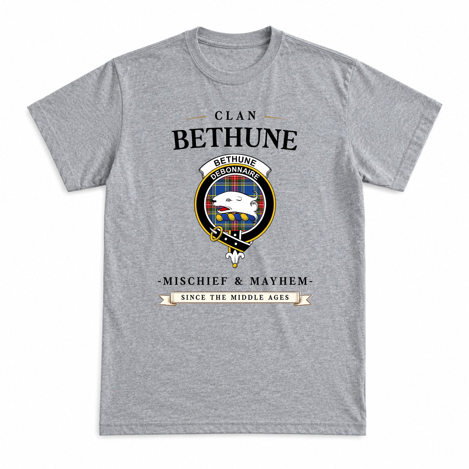 Bethune Modern Tartan Crest Mischief and Mayhem T-shirt