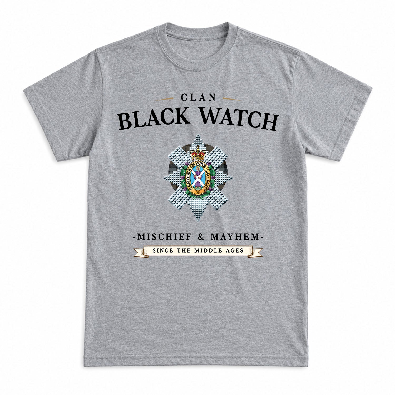 Black Watch Weathered Tartan Crest Mischief and Mayhem T-shirt