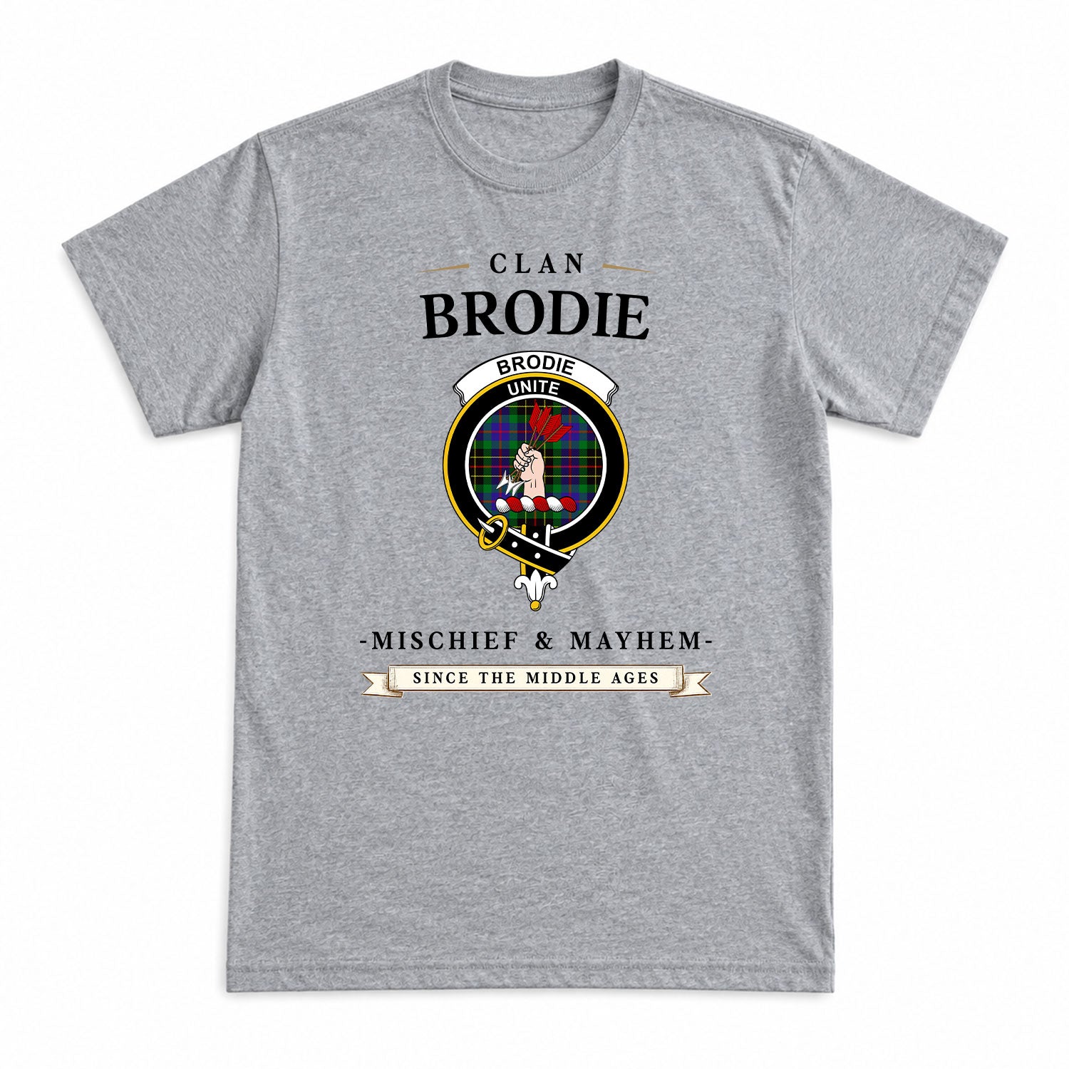 Brodie Hunting Modern Tartan Crest Mischief and Mayhem T-shirt