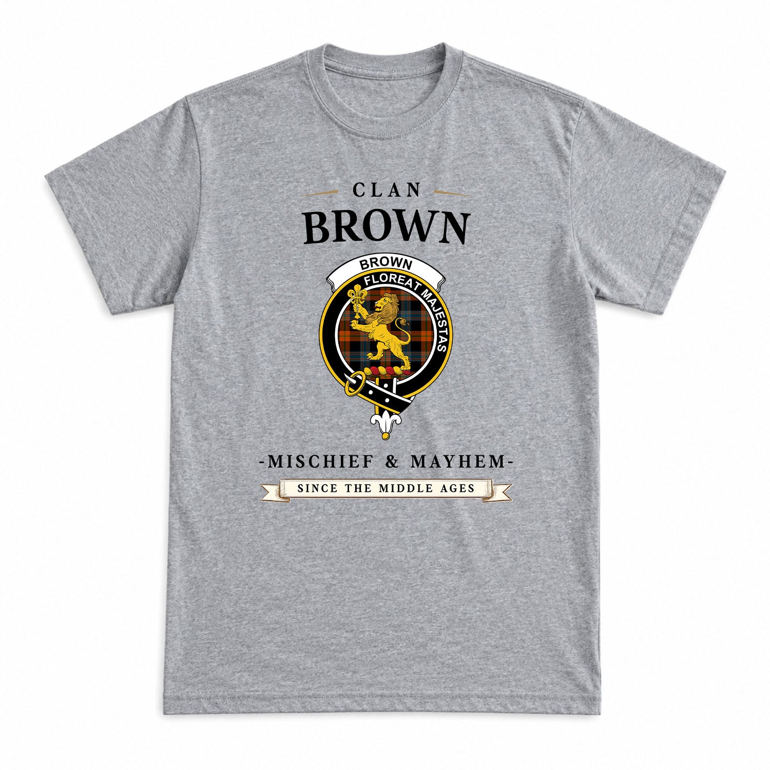 Brown Ancient Tartan Crest Mischief and Mayhem T-shirt