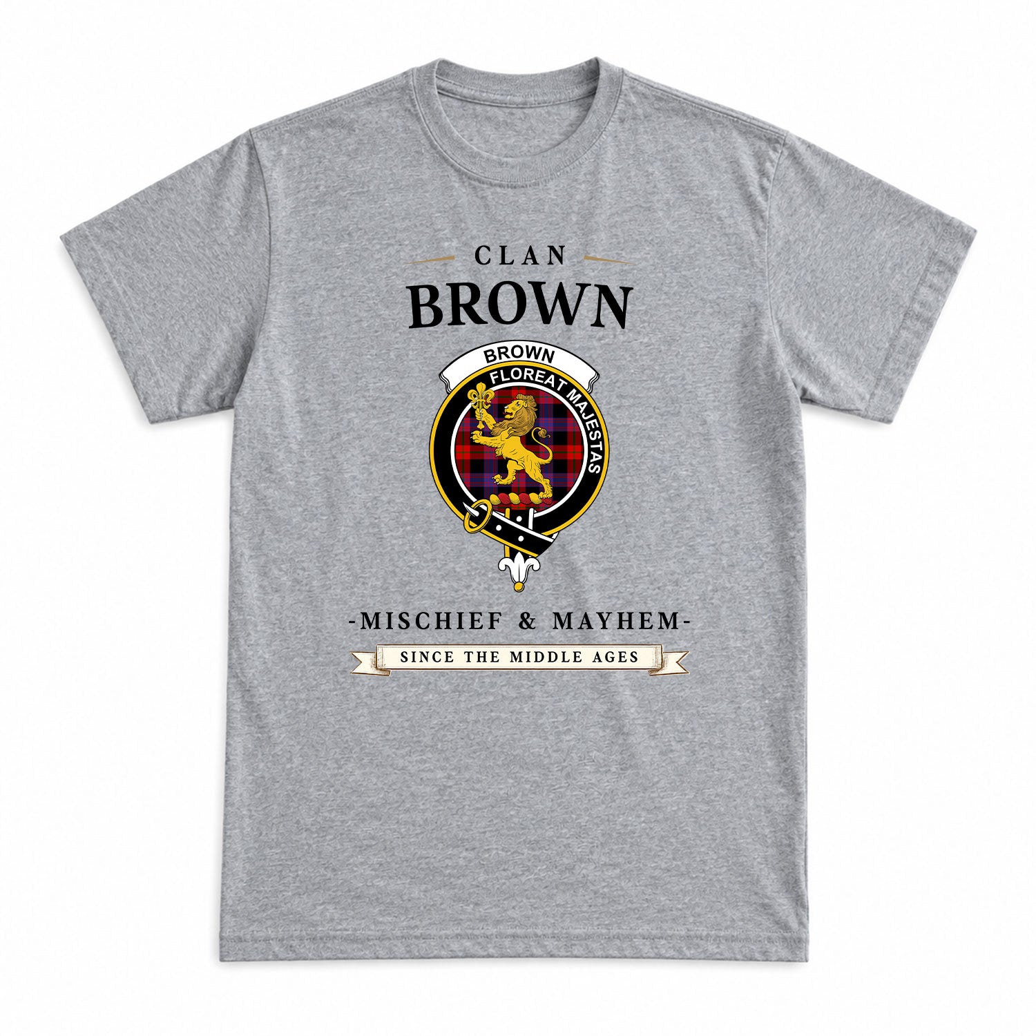 Brown Modern Tartan Crest Mischief and Mayhem T-shirt