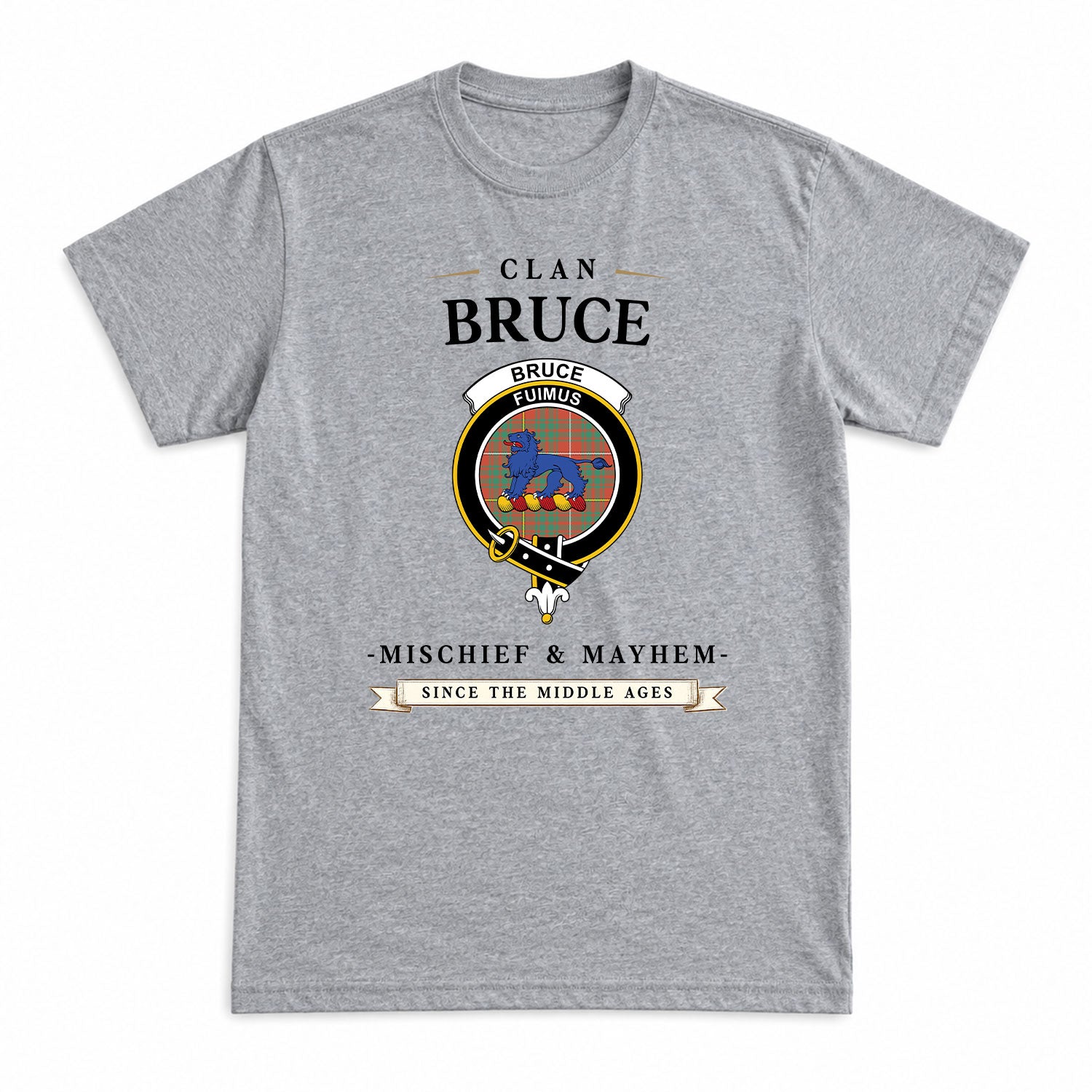Bruce Ancient Tartan Crest Mischief and Mayhem T-shirt