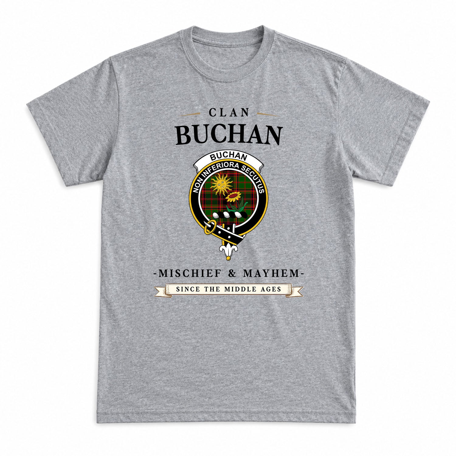 Buchan Modern Tartan Crest Mischief and Mayhem T-shirt