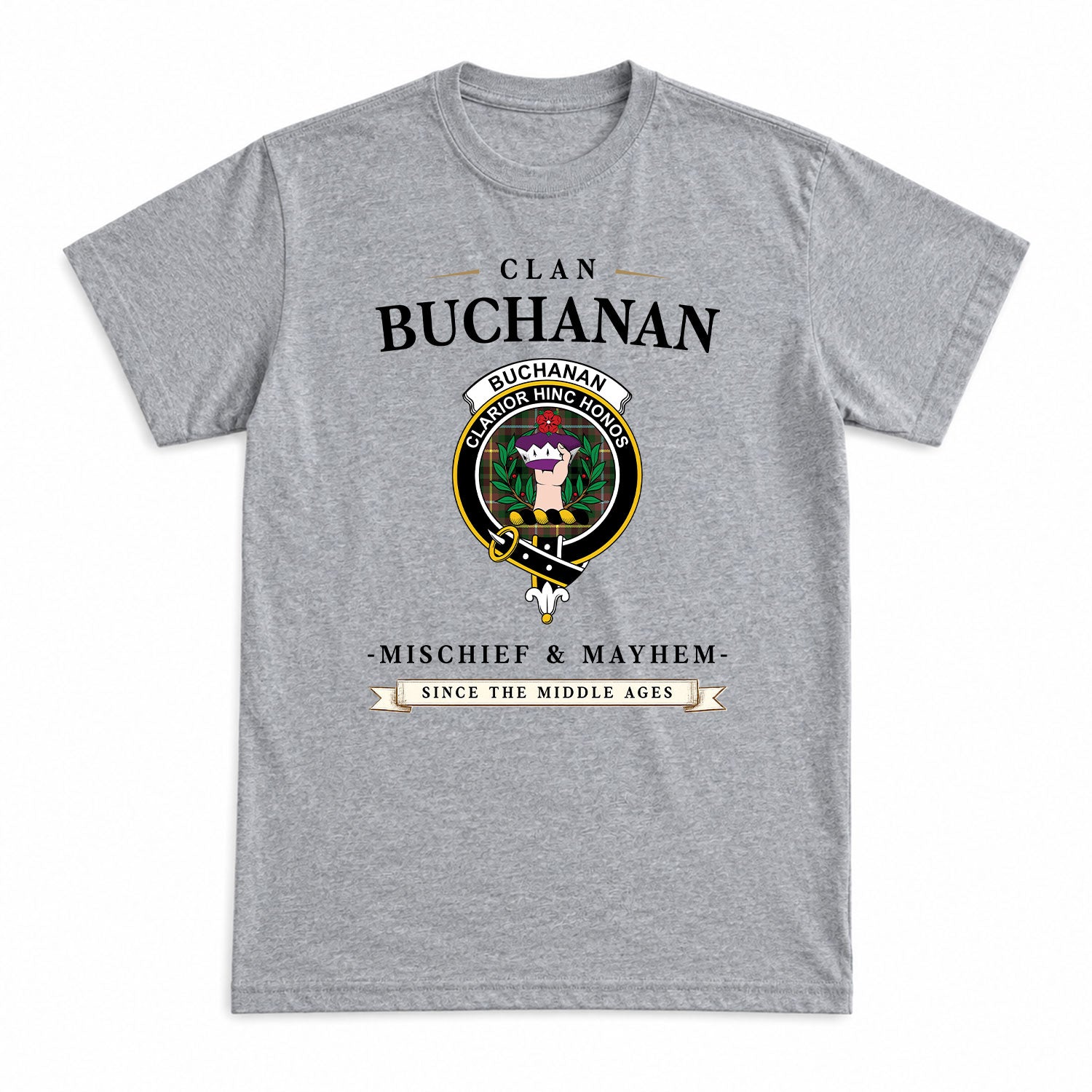 Buchanan Hunting Tartan Crest Mischief and Mayhem T-shirt