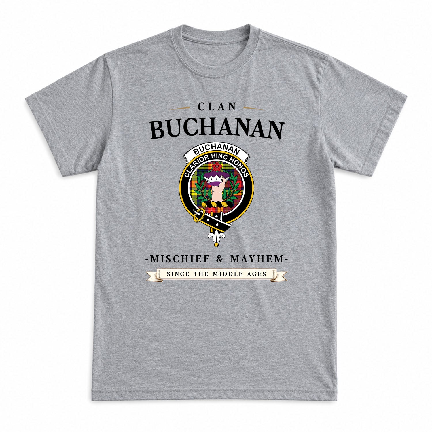 Buchanan Modern Tartan Crest Mischief and Mayhem T-shirt
