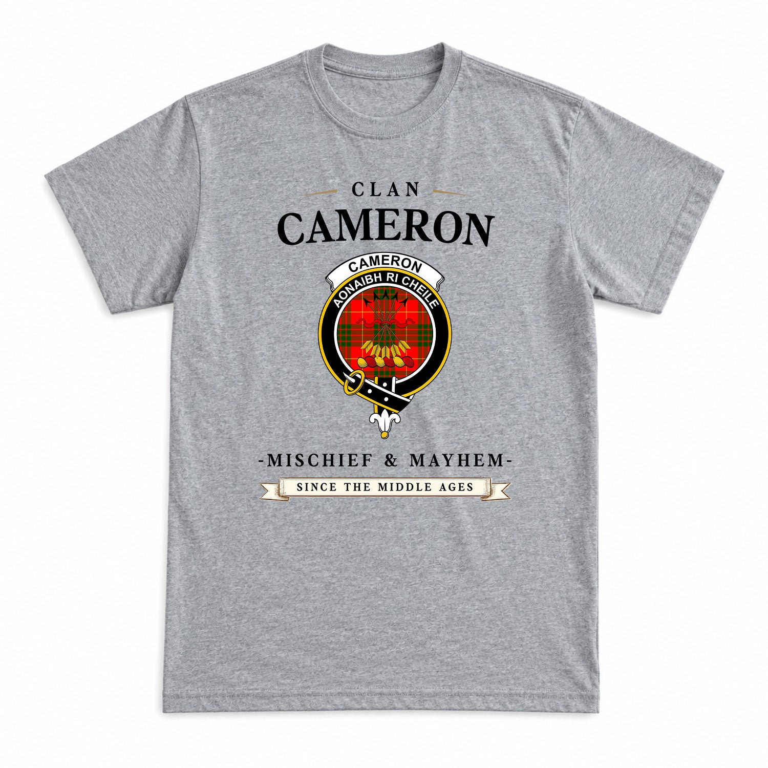 Cameron Modern Tartan Crest Mischief and Mayhem T-shirt