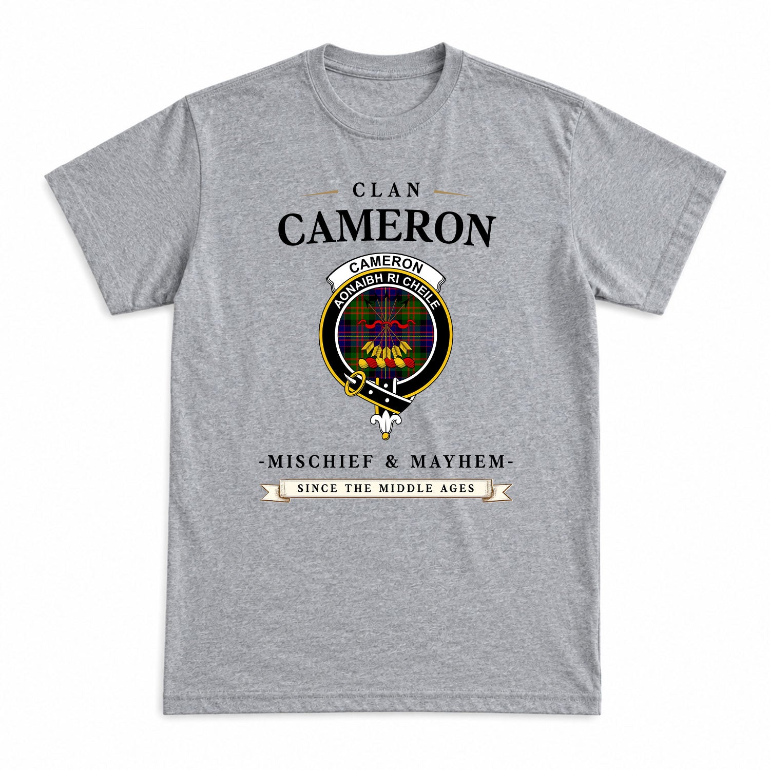 Cameron of Erracht Modern Tartan Crest Mischief and Mayhem T-shirt