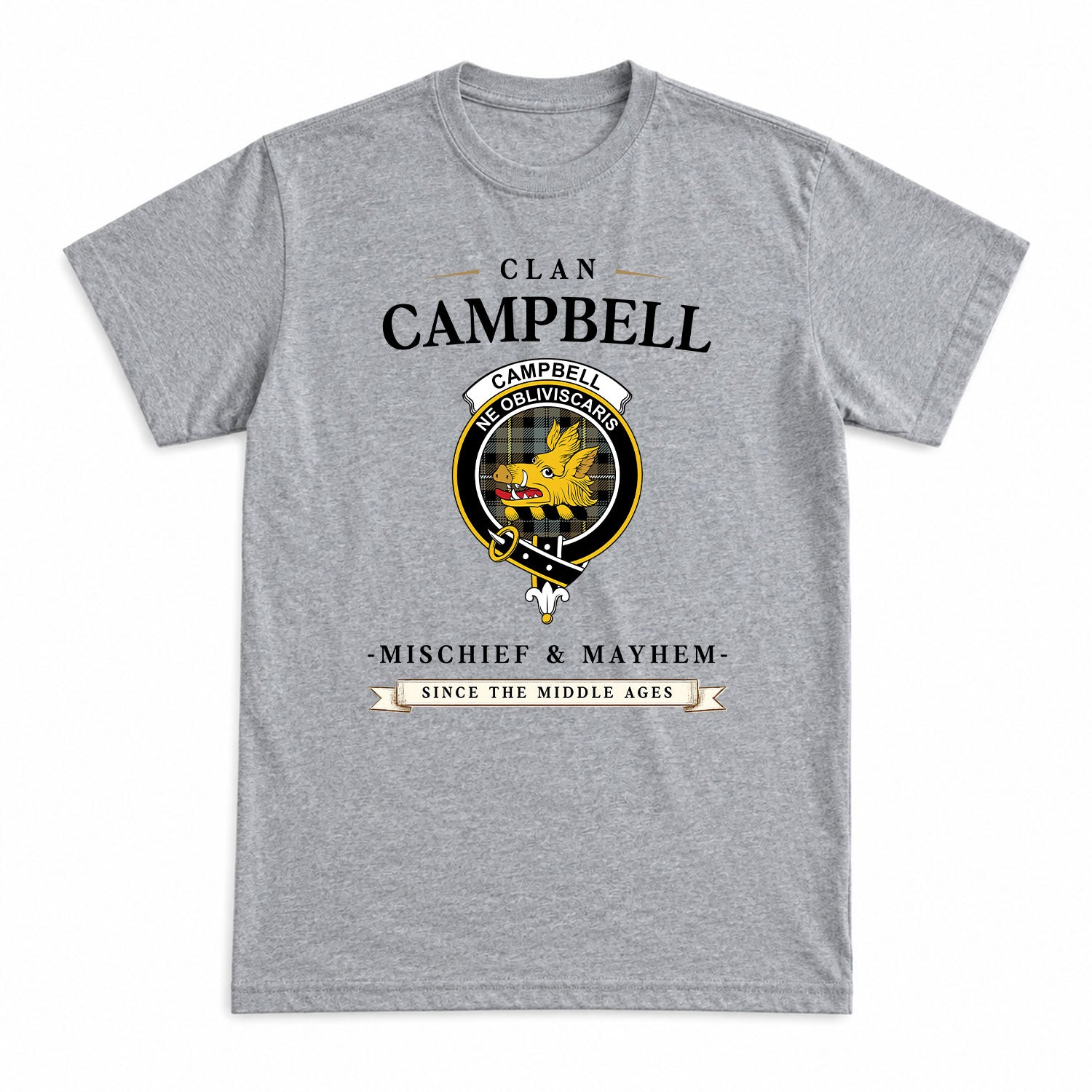 Campbell Argyll Weathered Tartan Crest Mischief and Mayhem T-shirt