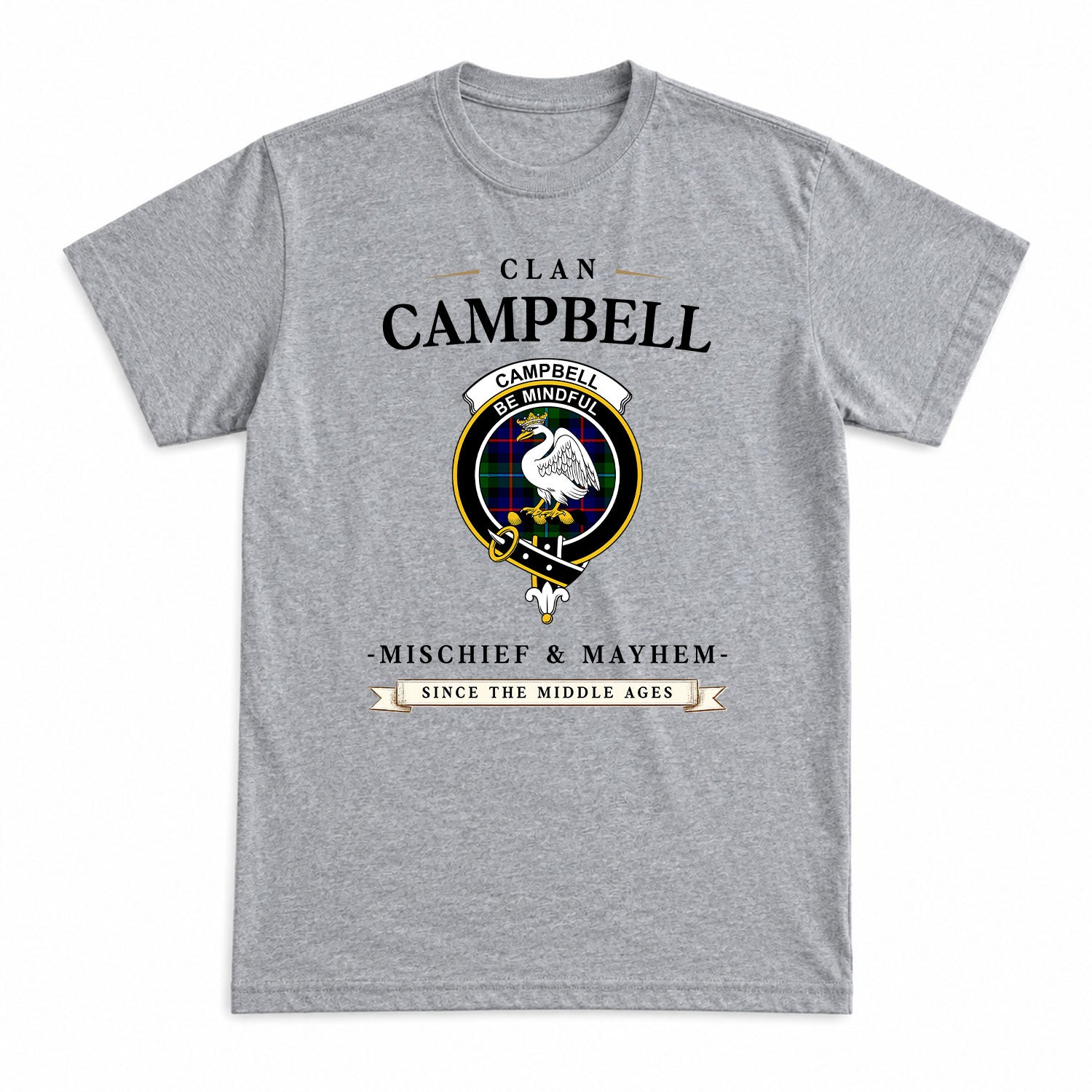 Campbell of Cawdor Modern Tartan Crest Mischief and Mayhem T-shirt