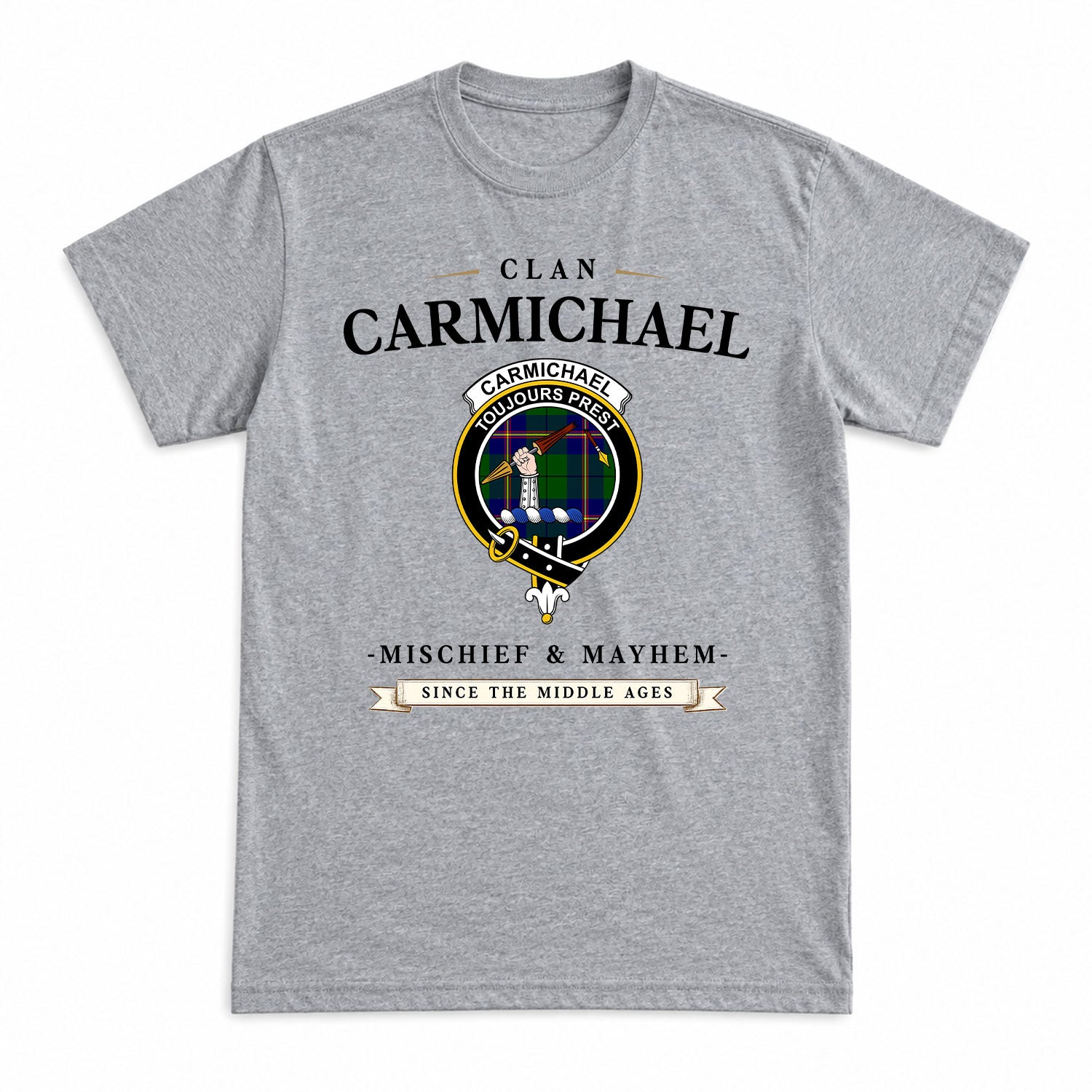 Carmichael Modern Tartan Crest Mischief and Mayhem T-shirt