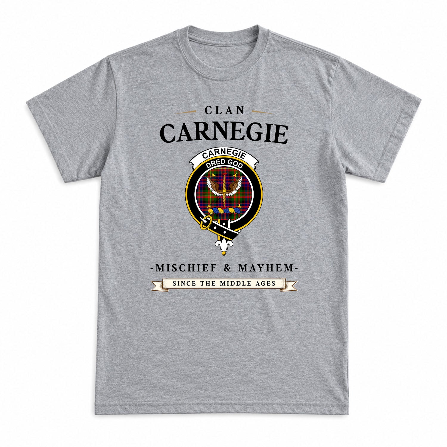 Carnegie Modern Tartan Crest Mischief and Mayhem T-shirt