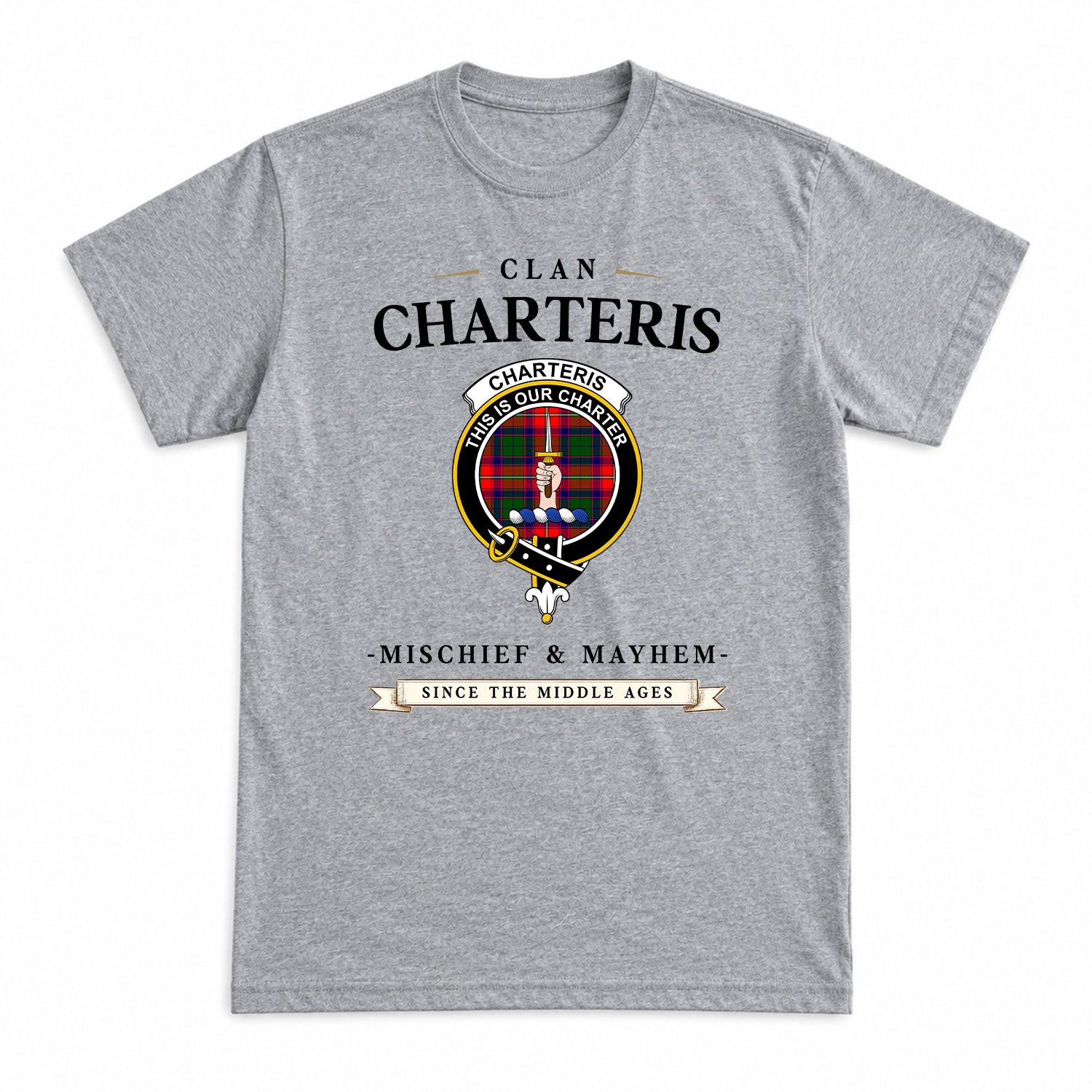 Charteris (Earl of Wemyss) Tartan Crest Mischief and Mayhem T-shirt