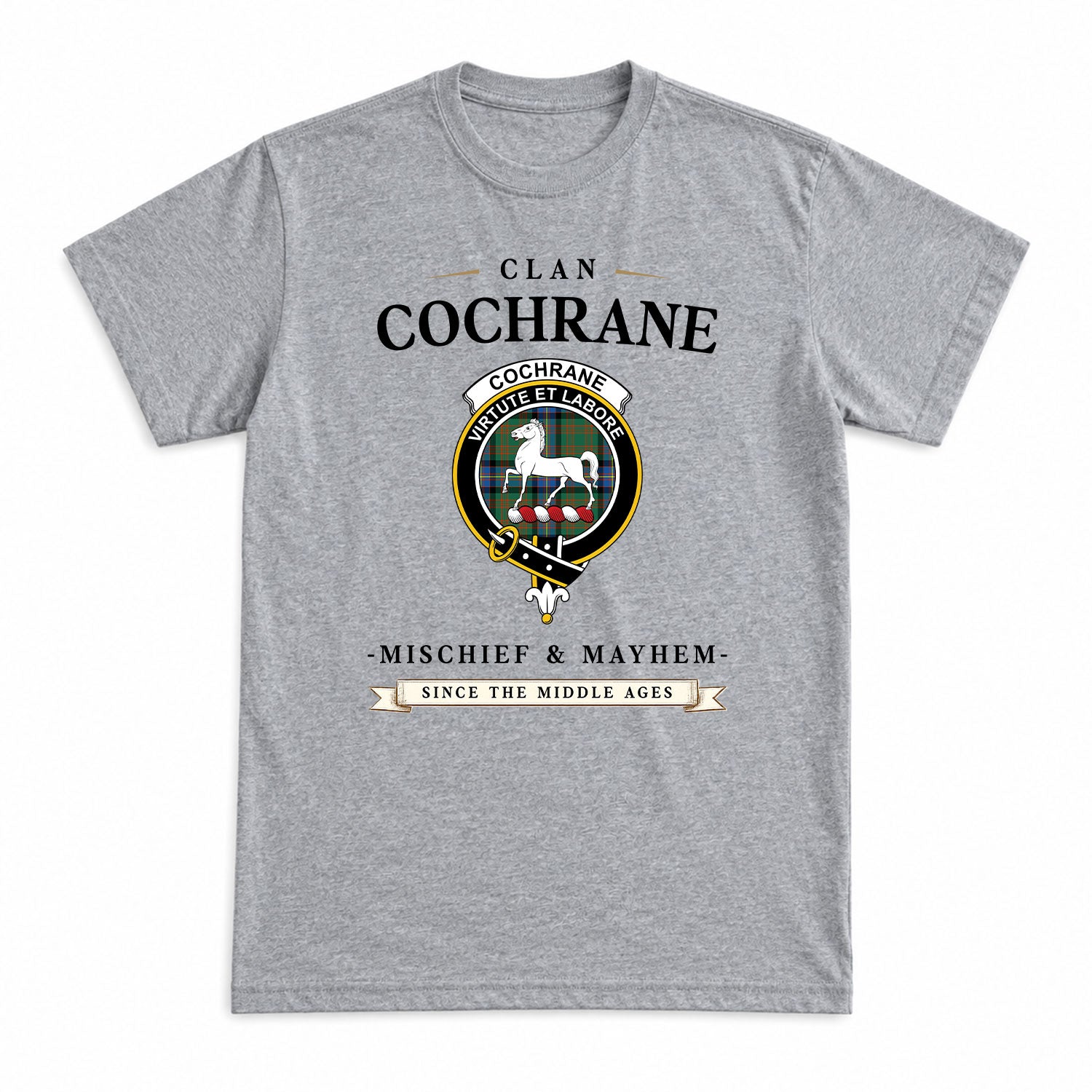 Cochrane Ancient Tartan Crest Mischief and Mayhem T-shirt
