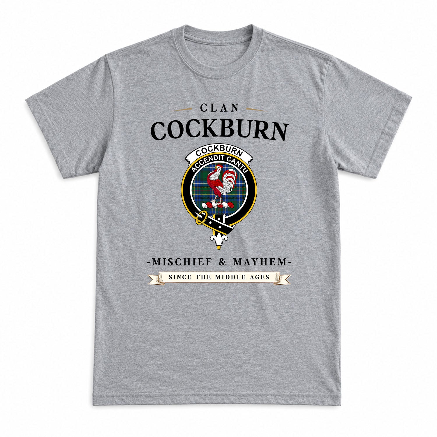 Cockburn Ancient Tartan Crest Mischief and Mayhem T-shirt