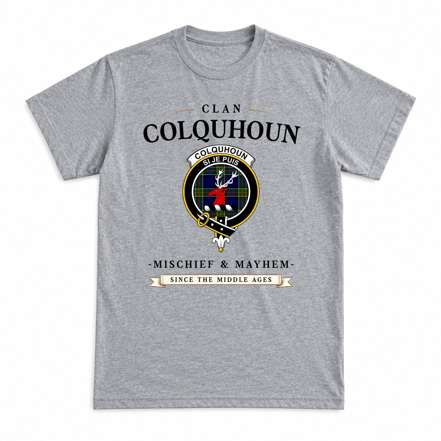 Colquhoun Modern Tartan Crest Mischief and Mayhem T-shirt
