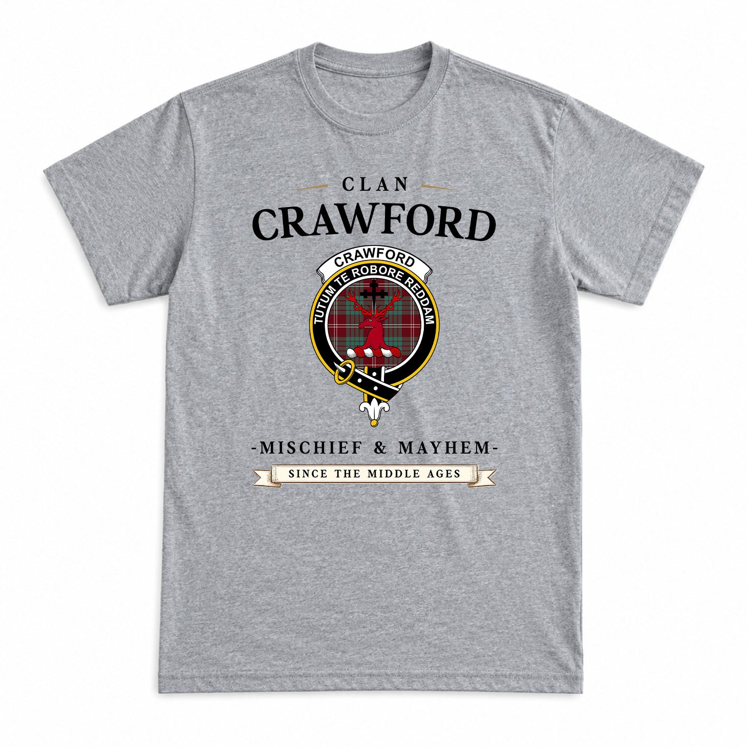 Crawford Modern Tartan Crest Mischief and Mayhem T-shirt