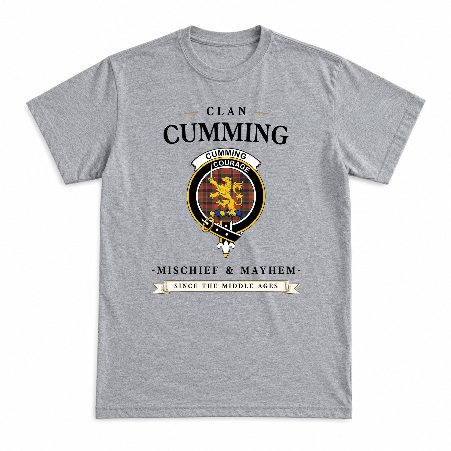 Cumming Hunting Weathered Tartan Crest Mischief and Mayhem T-shirt