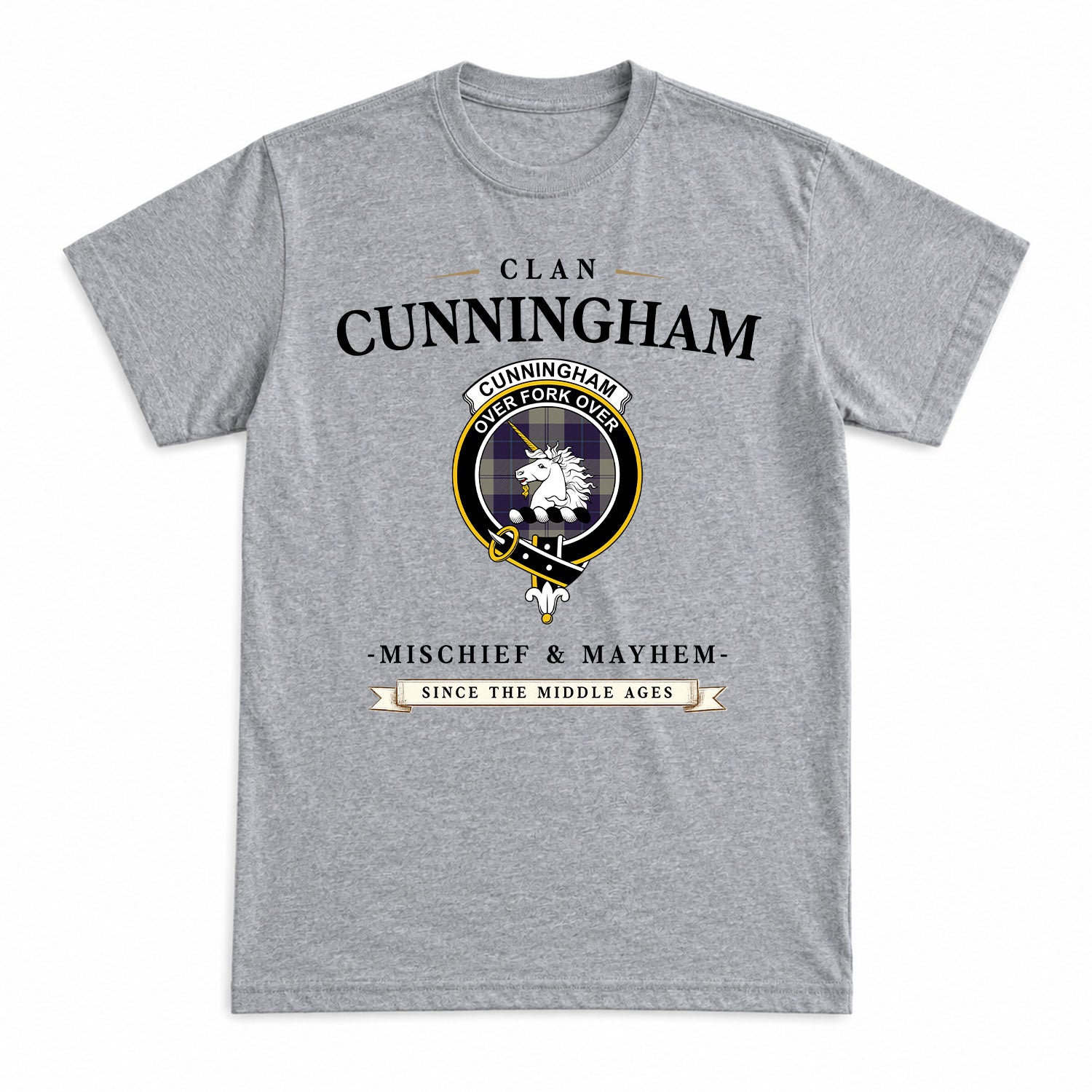 Cunningham Dress Blue Dancers Tartan Crest Mischief and Mayhem T-shirt