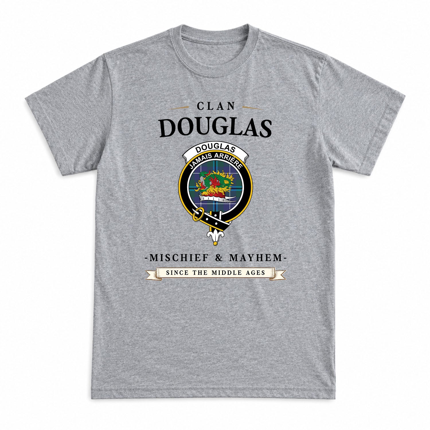Douglas Modern Tartan Crest Mischief and Mayhem T-shirt