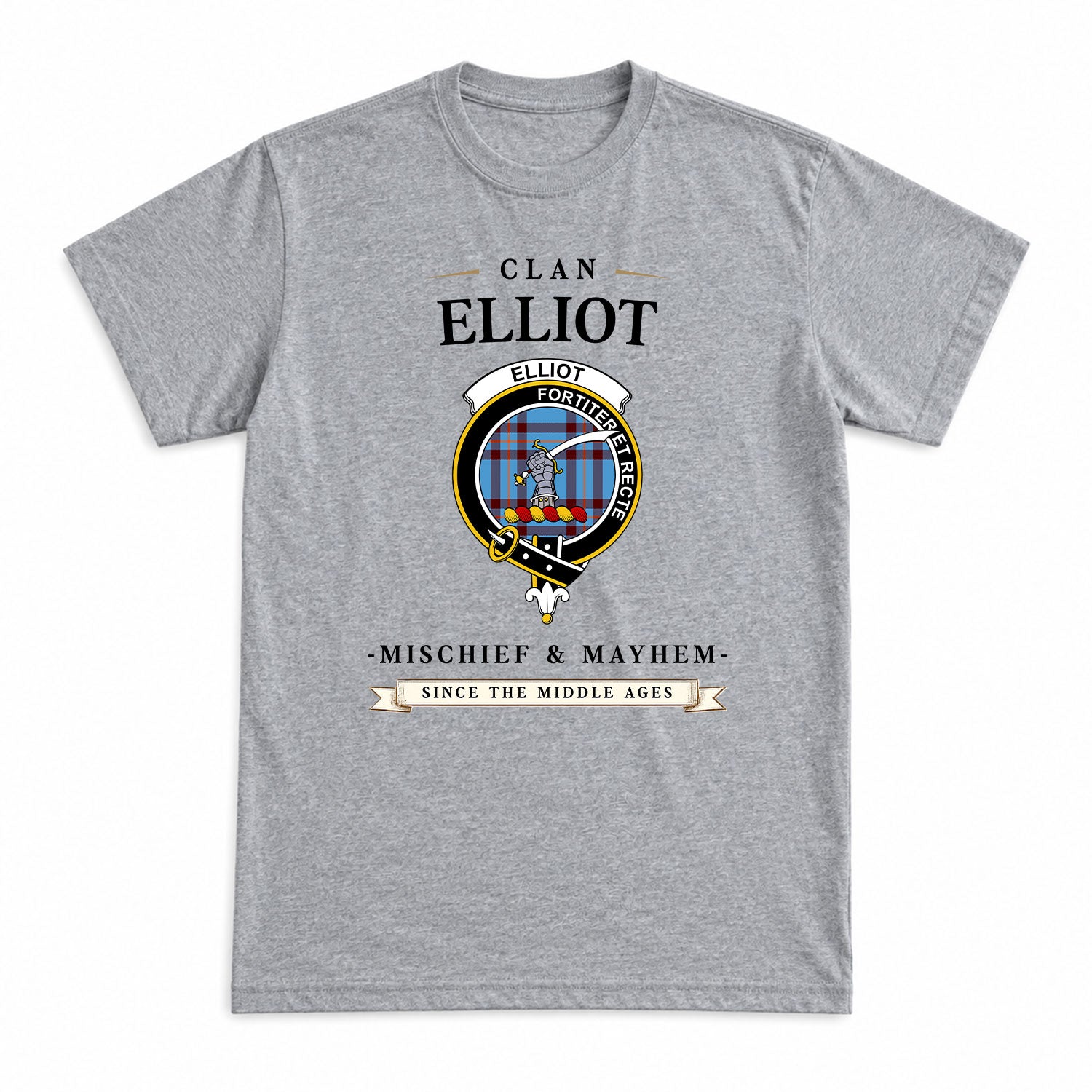 Elliot Ancient Tartan Crest Mischief and Mayhem T-shirt